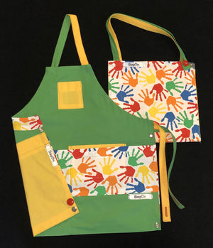 Green Apron with Painted Handprint Fashion Fabric and Yellow Accent