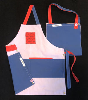 Apron is Lilac Purple, Accents are Blue and Red